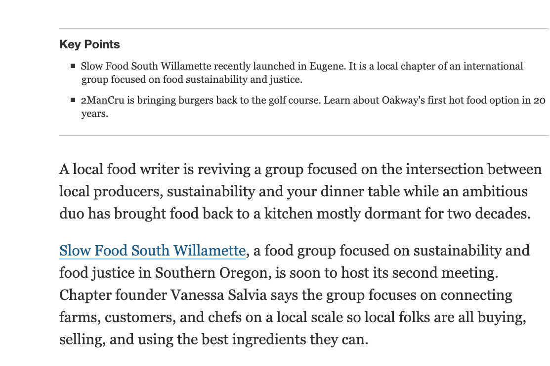 Screenshot of Register-Guard article about Slow Food South Willamette